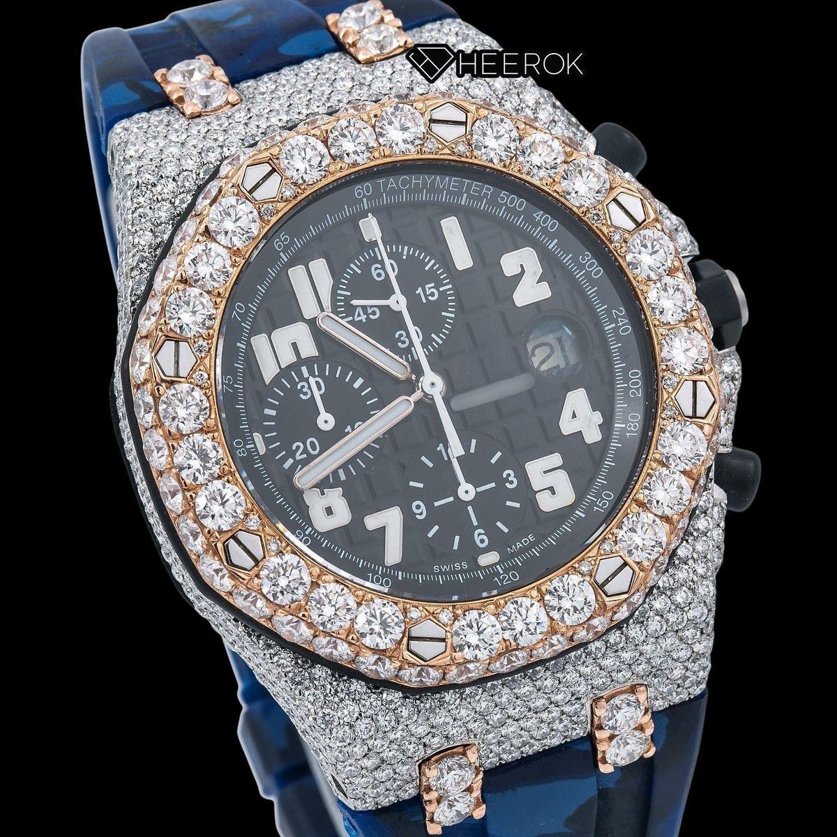 AP Royal Oak Offshore Chronograph Black Dial Standard Numerals Large Round Diamond Rose Gold Bezel Blue Camouflage Rubber Strap Semi Iced Out Moissanite Watch