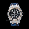AP Royal Oak Offshore Chronograph Black Dial Standard Numerals Large Round Diamond Rose Gold Bezel Blue Camouflage Rubber Strap Semi Iced Out Moissanite Watch