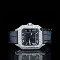 Cartier Santos Black Dial Roman Numerals Diamond Bezel Moissanite Diamond Black Leather Strap