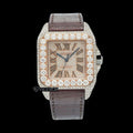 Cartier Santos Rose Gold Dial Roman Numerals Large Round Diamond Bezel Brown Leather Strap Semi Iced Moissanite Diamond Watch