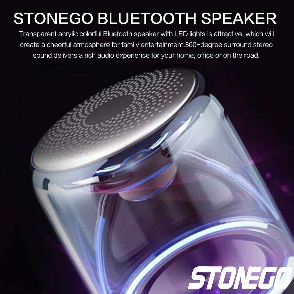 STOENGO Portable Bluetooth Speakers, Small True Wireless Stereo (TWS) Speaker Transparent Crystal LED Music Player with TF Card