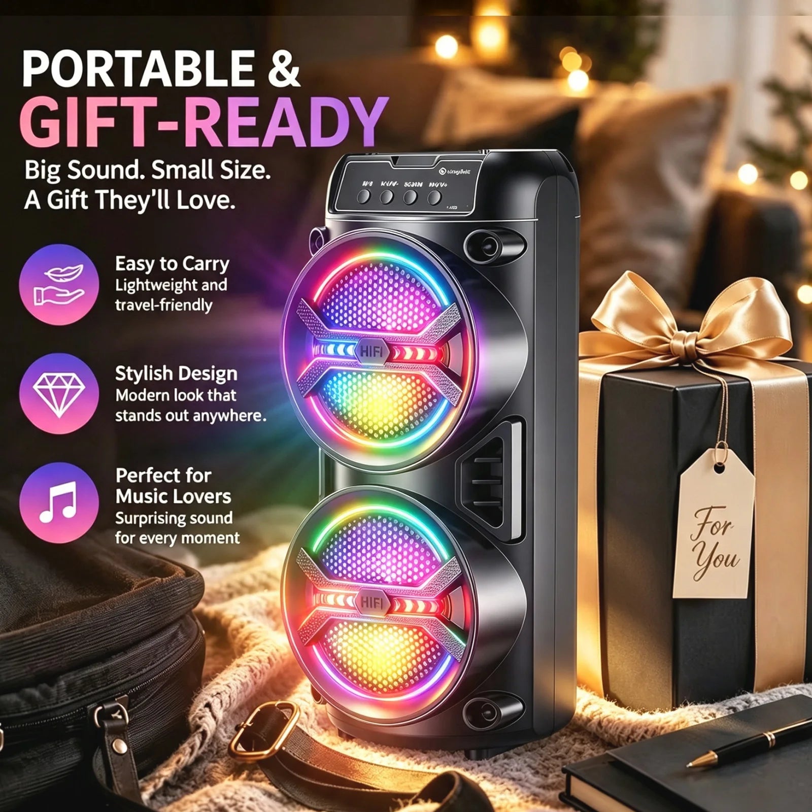 Wireless Bluetooth Portable Speaker, Dual Subwoofer Delivers Powerful Bass, TWS Linkage, Multiple Inputs BT/FM/USB/AUX/TF/Microphone, Stereo Loudspeaker, Holiday Party Speaker & Christmas Gift