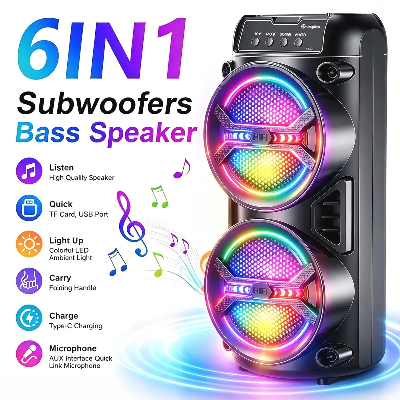 Wireless Bluetooth Portable Speaker, Dual Subwoofer Delivers Powerful Bass, TWS Linkage, Multiple Inputs BT/FM/USB/AUX/TF/Microphone, Stereo Loudspeaker, Holiday Party Speaker & Christmas Gift