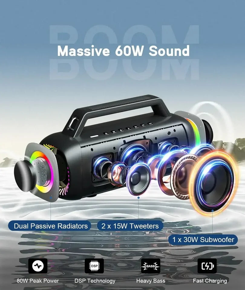 Ortizan 60W(80W Peak) Speakers Bluetooth Wireless Loud with Bass, Large Subwoofer Speakers Wireless Bluetooth 5.3 with Powerbank