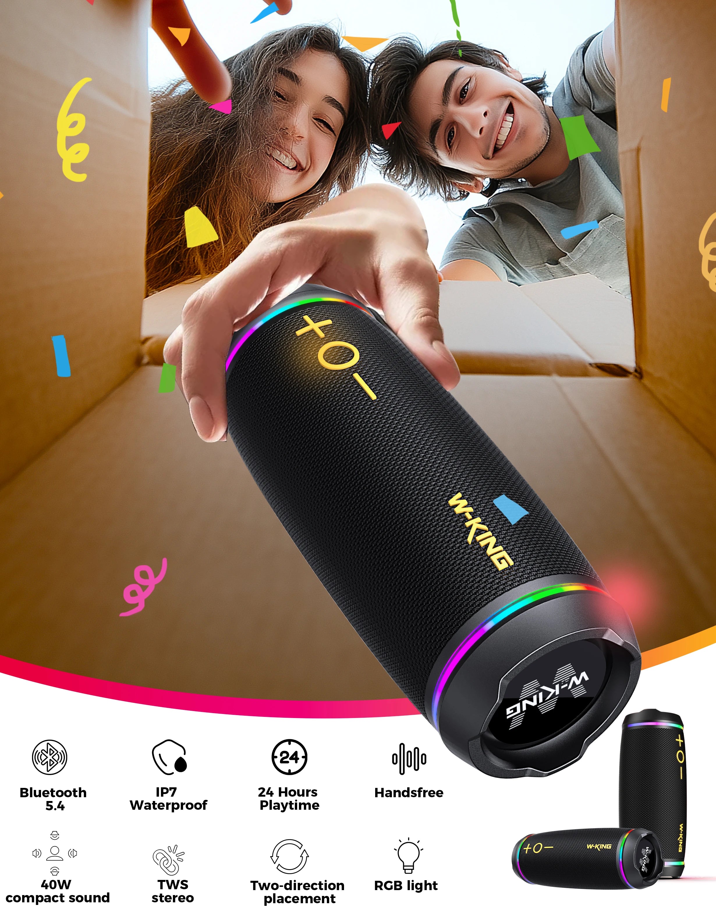 W-King D220 40W Portable Bluetooth 5.4 Speaker Waterproof Outdoor TWS Subwoofer HiFi Stereo Sound Box RGB Light FM Radio TF Card