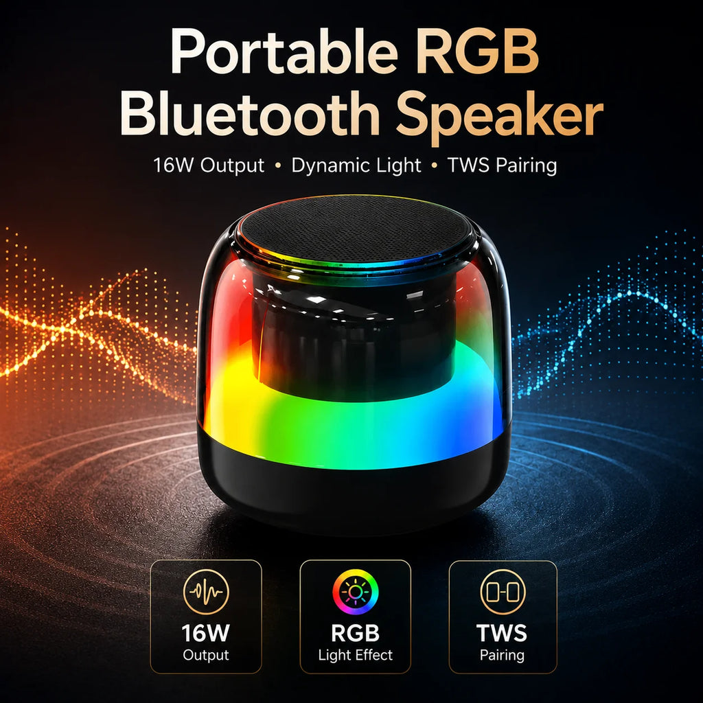 Portable RGB Bluetooth Speaker, 16W Output, Bluetooth 5.3, TWS Stereo Pairing, Deep Bass, TF Card, USB, FM Radio, Home Travel
