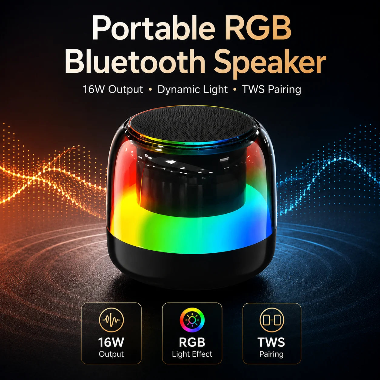 Portable RGB Bluetooth Speaker, 16W Output, Bluetooth 5.3, TWS Stereo Pairing, Deep Bass, TF Card, USB, FM Radio, Home Travel