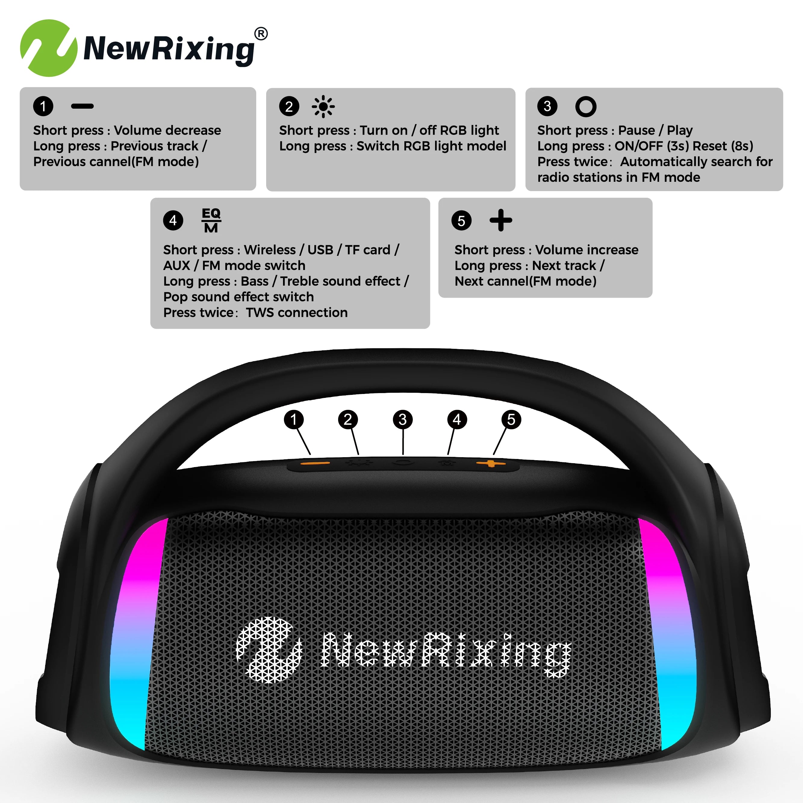 50W Portable Wireless Speaker with Subwoofer,Built-in Mic,TWS,Hands-Free Calling,6.5mm Microphone Interface,RGB lights