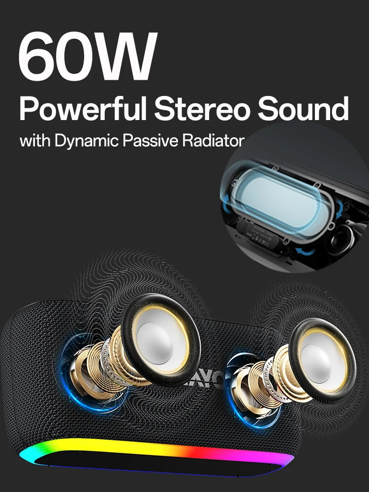 Ohayo S15 Portable Bluetooth Speaker with 60W Powerful Sound and Intense Bass, IPX6 Waterproof Wireless LED Computer Speaker