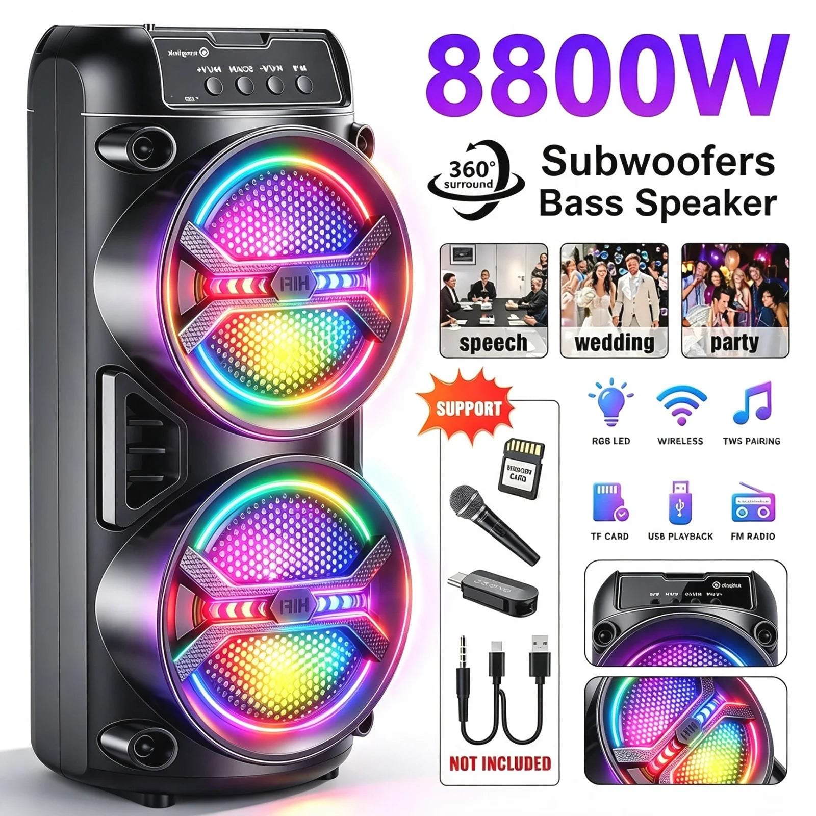 Wireless Bluetooth Portable Speaker, Dual Subwoofer Delivers Powerful Bass, TWS Linkage, Multiple Inputs BT/FM/USB/AUX/TF/Microphone, Stereo Loudspeaker, Holiday Party Speaker & Christmas Gift