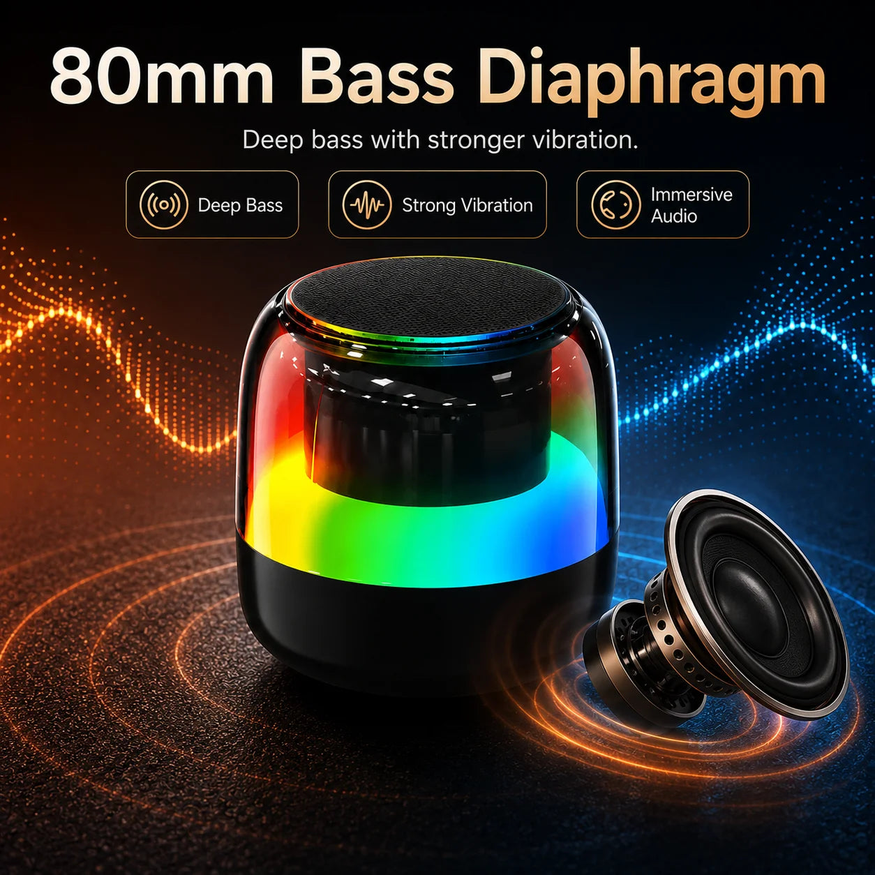 Portable RGB Bluetooth Speaker, 16W Output, Bluetooth 5.3, TWS Stereo Pairing, Deep Bass, TF Card, USB, FM Radio, Home Travel
