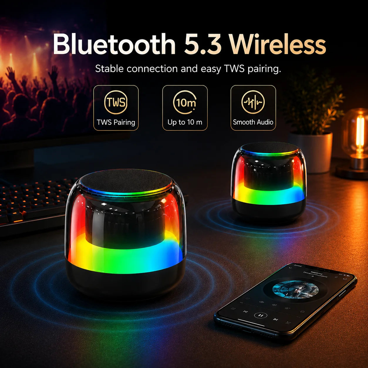 Portable RGB Bluetooth Speaker, 16W Output, Bluetooth 5.3, TWS Stereo Pairing, Deep Bass, TF Card, USB, FM Radio, Home Travel