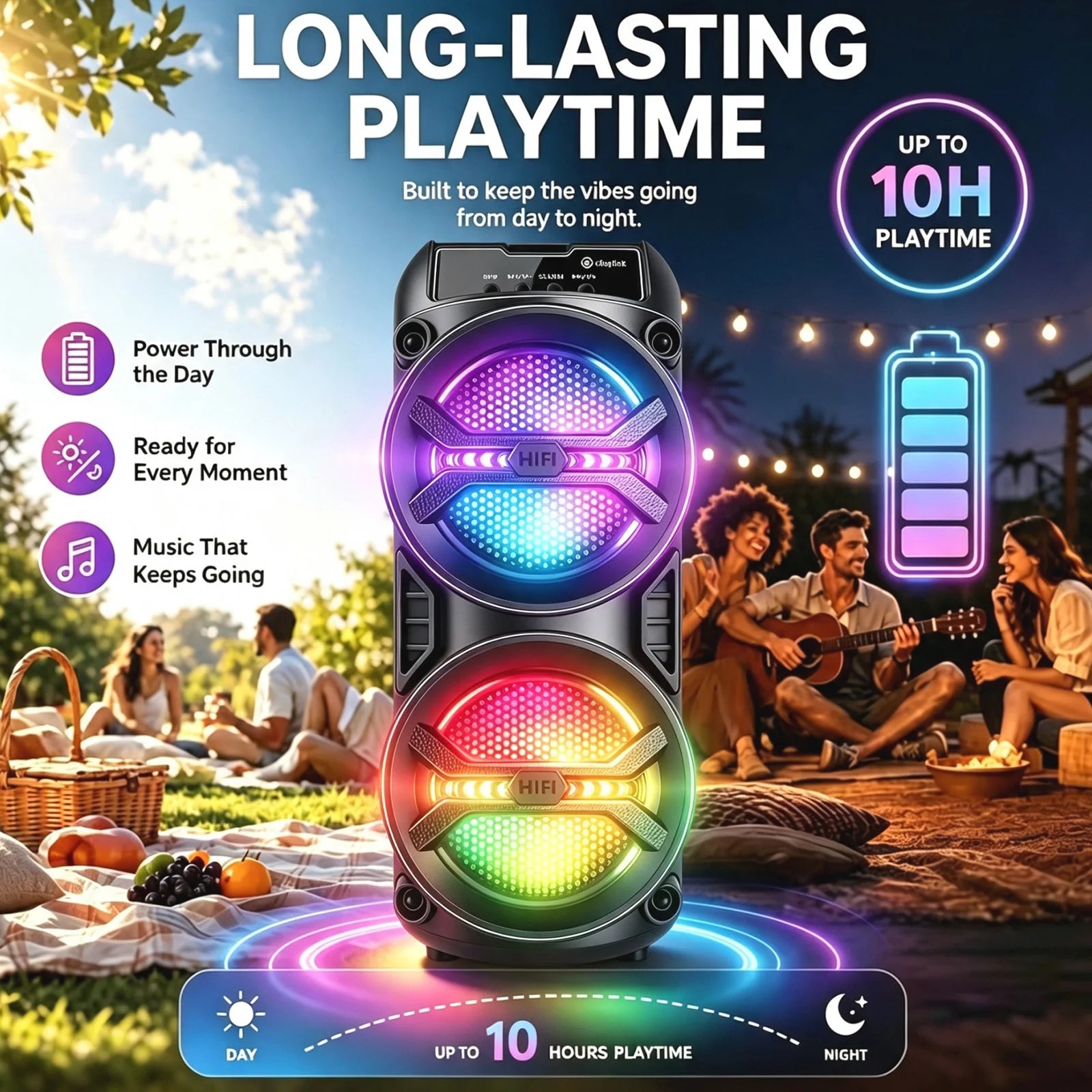 Wireless Bluetooth Portable Speaker, Dual Subwoofer Delivers Powerful Bass, TWS Linkage, Multiple Inputs BT/FM/USB/AUX/TF/Microphone, Stereo Loudspeaker, Holiday Party Speaker & Christmas Gift