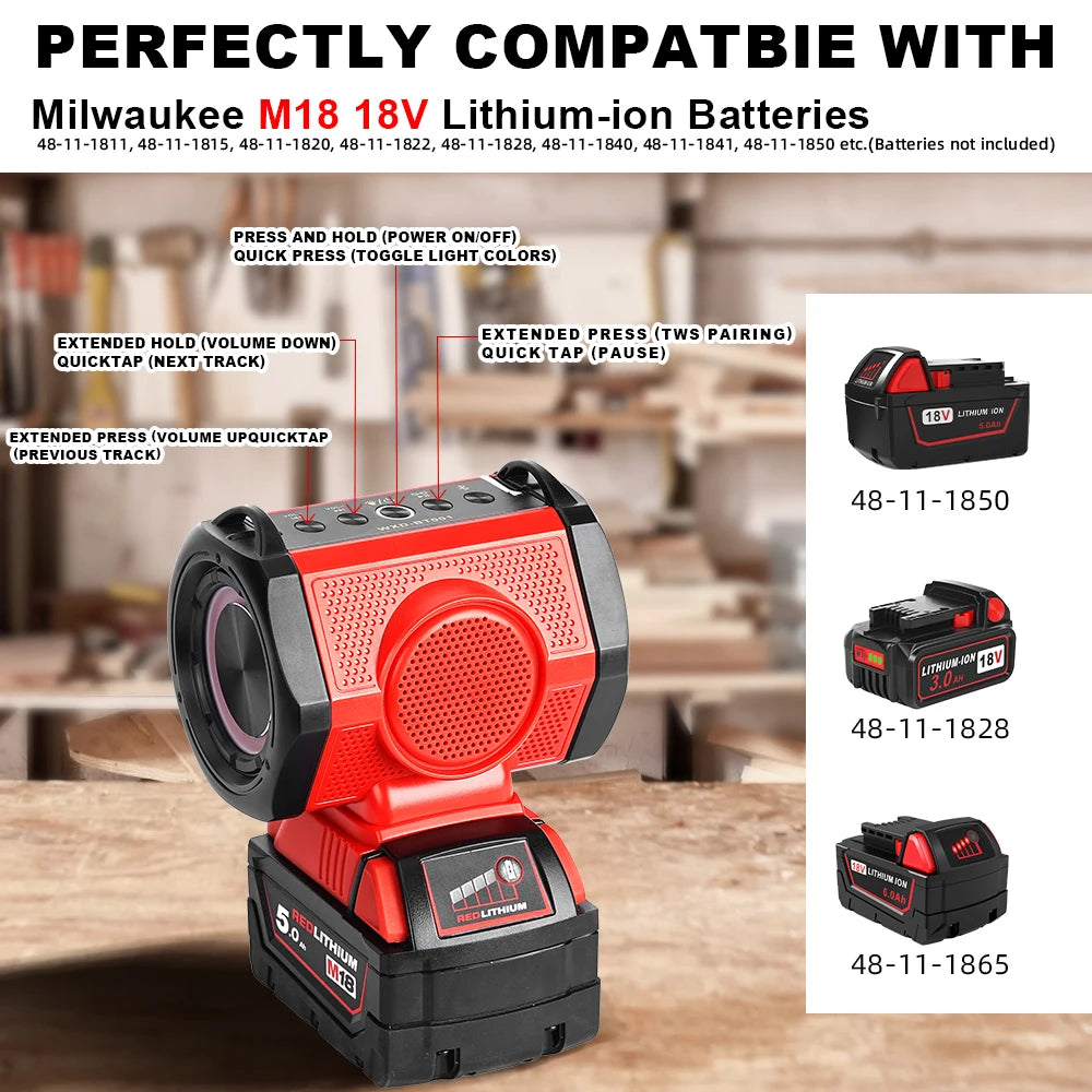 18V Bluetooth Speaker for Milwaukee USB Type-C Port, Loudspeaker Amplifier Player ( Not Included Battery）