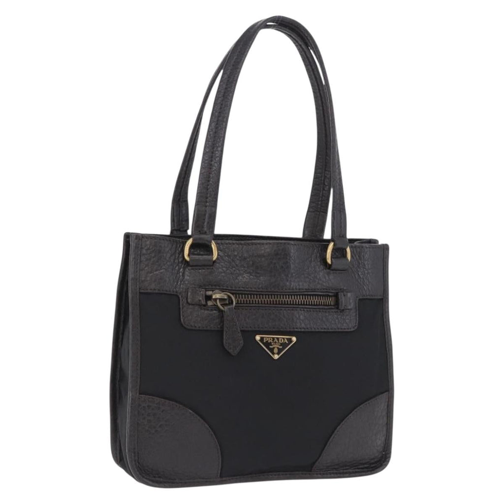 PRADA Tote Bag Nylon Leather Black Gold Tone Auth am12459V
