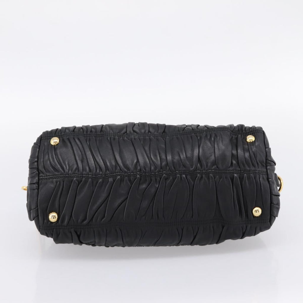 PRADA Hand Bag Leather Black Gold Auth am12603SAM