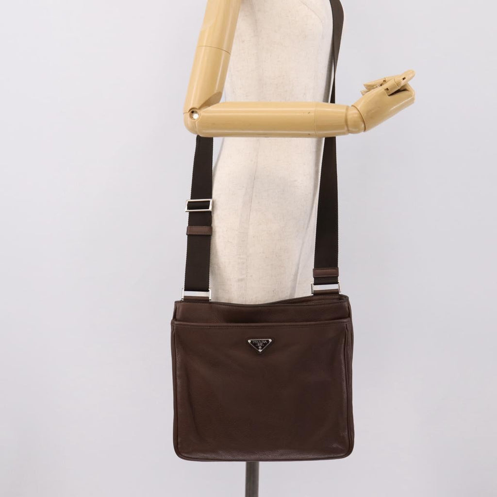 PRADA Shoulder Bag Taurillon Leather Brown Silver Auth am12669V