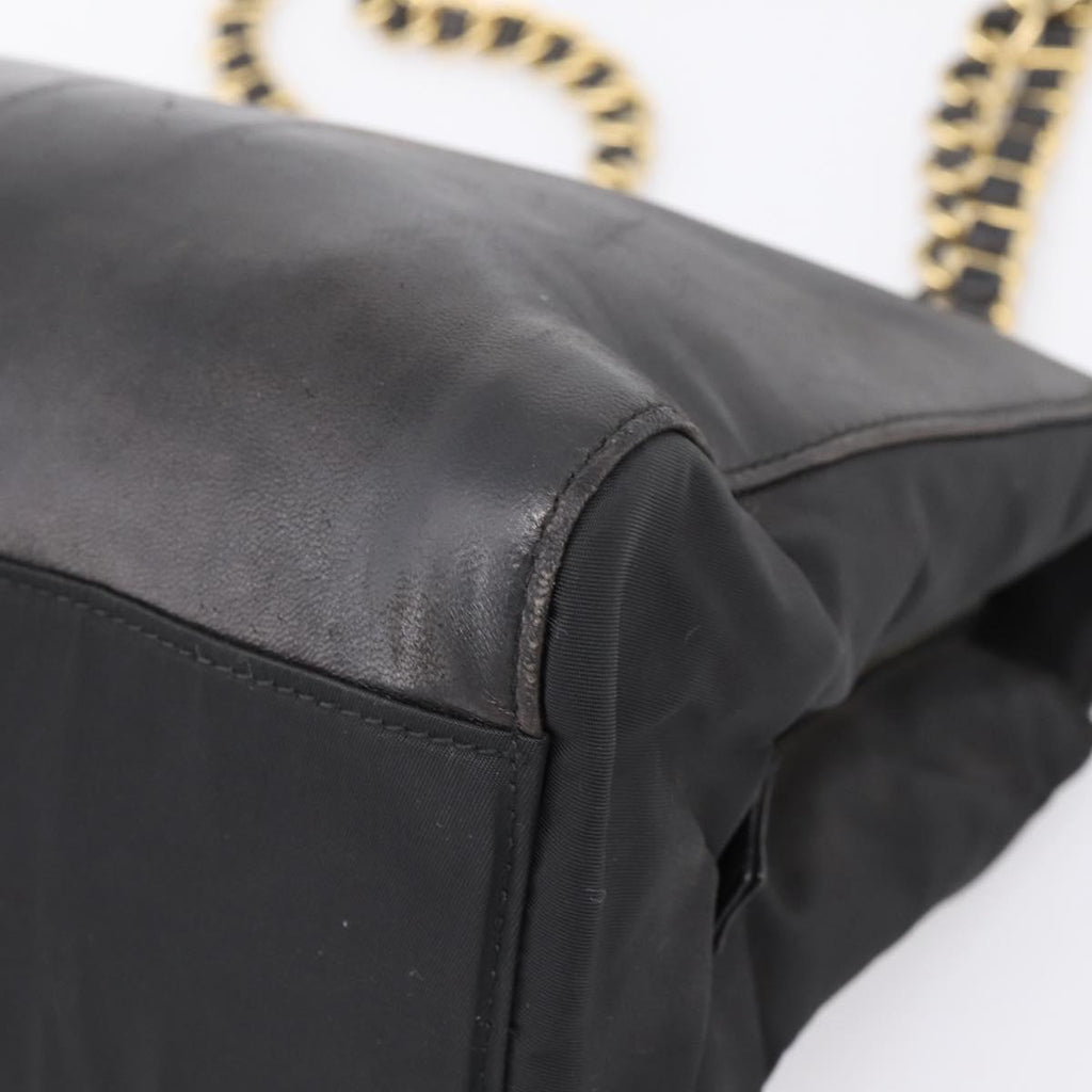 PRADA Chain Tote Bag Leather Nylon Black Gold Auth am12698V