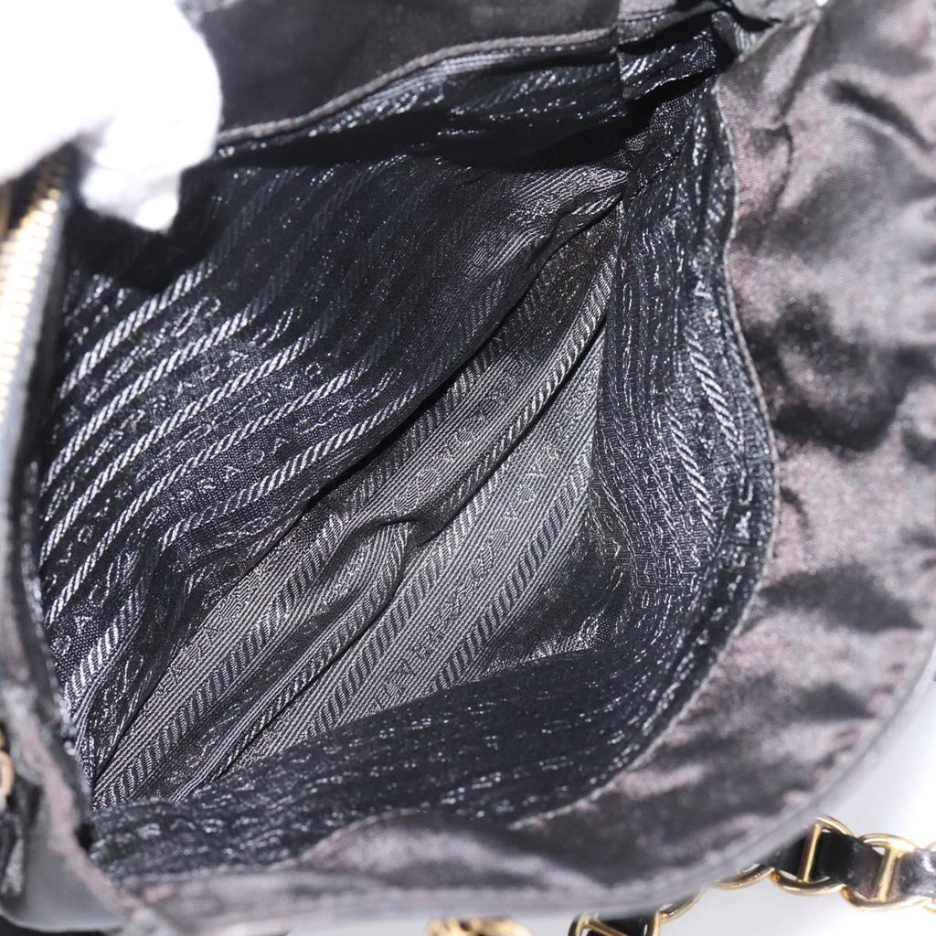 PRADA Chain Tote Bag Leather Nylon Black Gold Auth am12698V