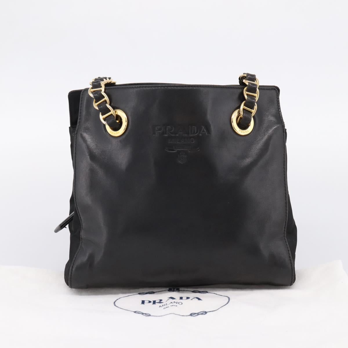 PRADA Chain Tote Bag Leather Nylon Black Gold Auth am12698V