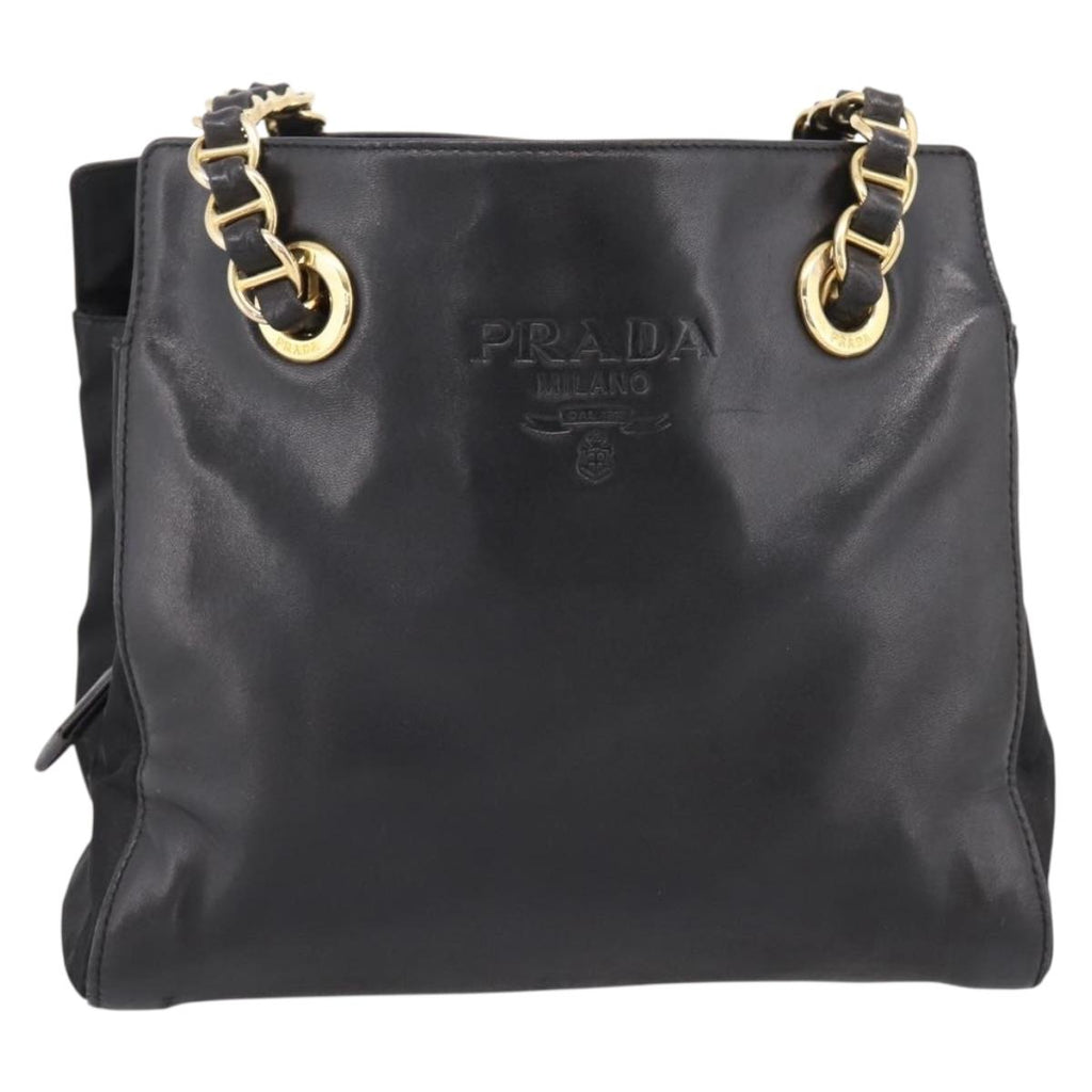 PRADA Chain Tote Bag Leather Nylon Black Gold Auth am12698V