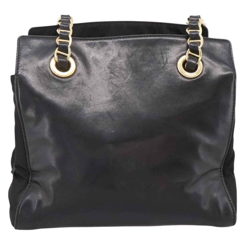 PRADA Chain Tote Bag Leather Nylon Black Gold Auth am12698V