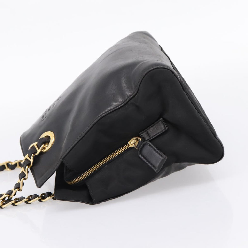 PRADA Chain Tote Bag Leather Nylon Black Gold Auth am12698V