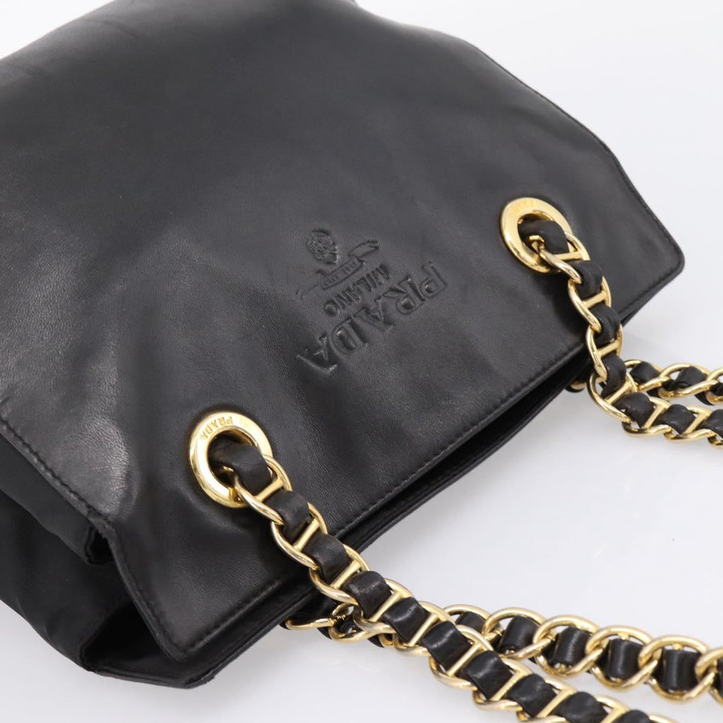 PRADA Chain Tote Bag Leather Nylon Black Gold Auth am12698V