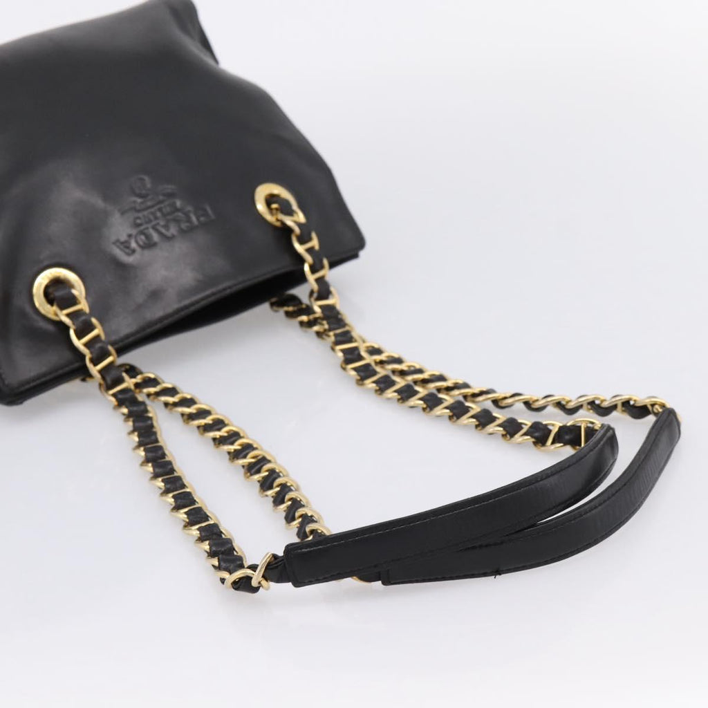 PRADA Chain Tote Bag Leather Nylon Black Gold Auth am12698V