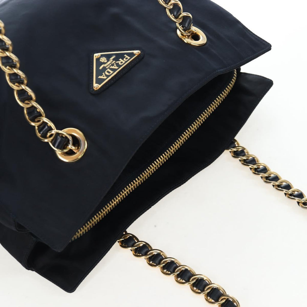 PRADA Chain Tote Bag Nylon Navy Gold Auth am12703V