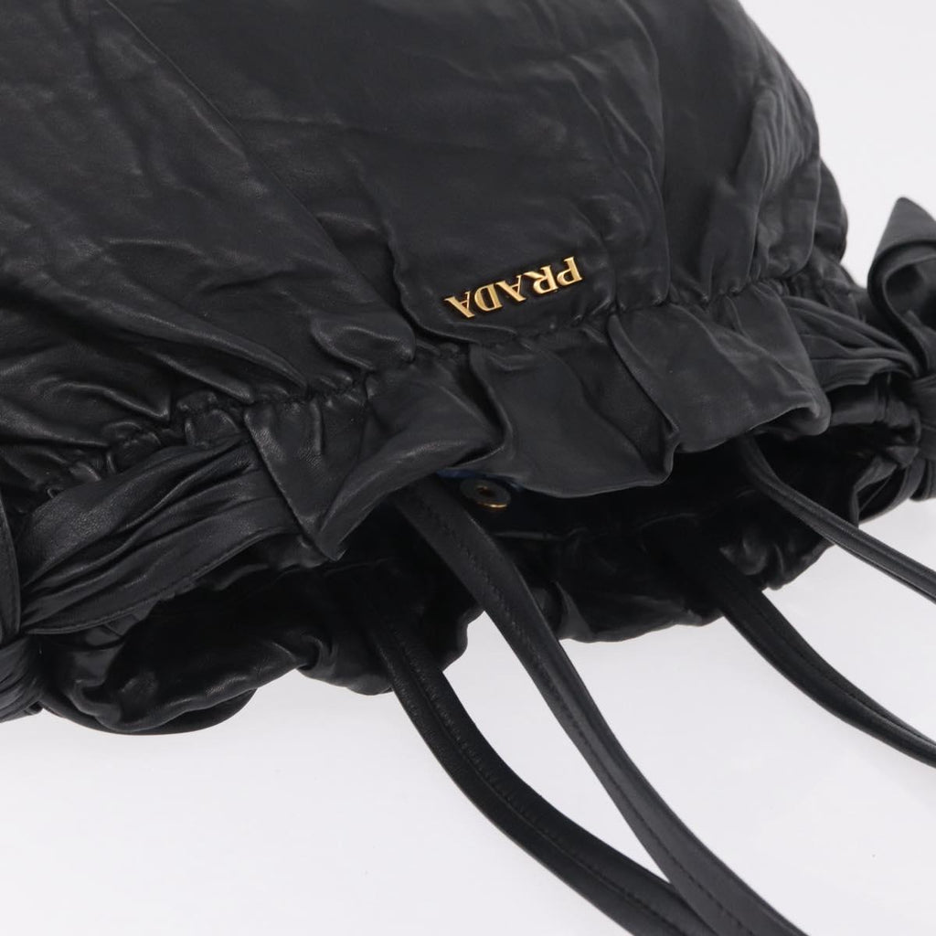 PRADA Side Ribbon Tote Bag Leather Black Gold Auth am12722V