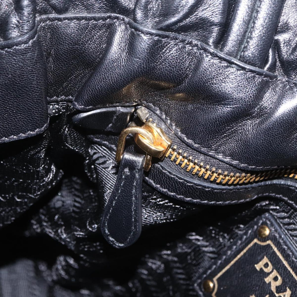 PRADA Side Ribbon Tote Bag Leather Black Gold Auth am12722V