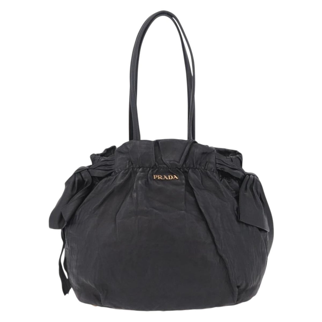 PRADA Side Ribbon Tote Bag Leather Black Gold Auth am12722V