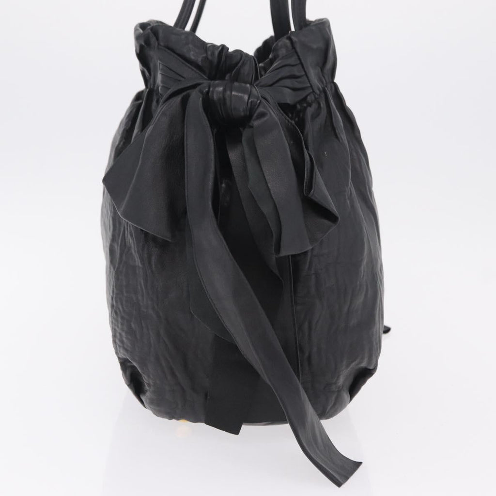 PRADA Side Ribbon Tote Bag Leather Black Gold Auth am12722V