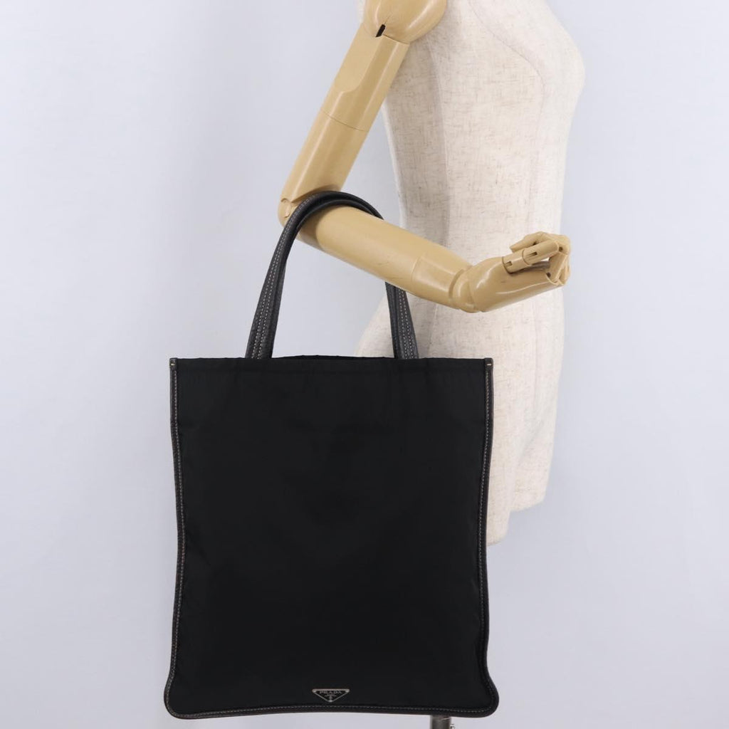 PRADA Tote Bag Nylon Leather Black Silver Auth am12735A
