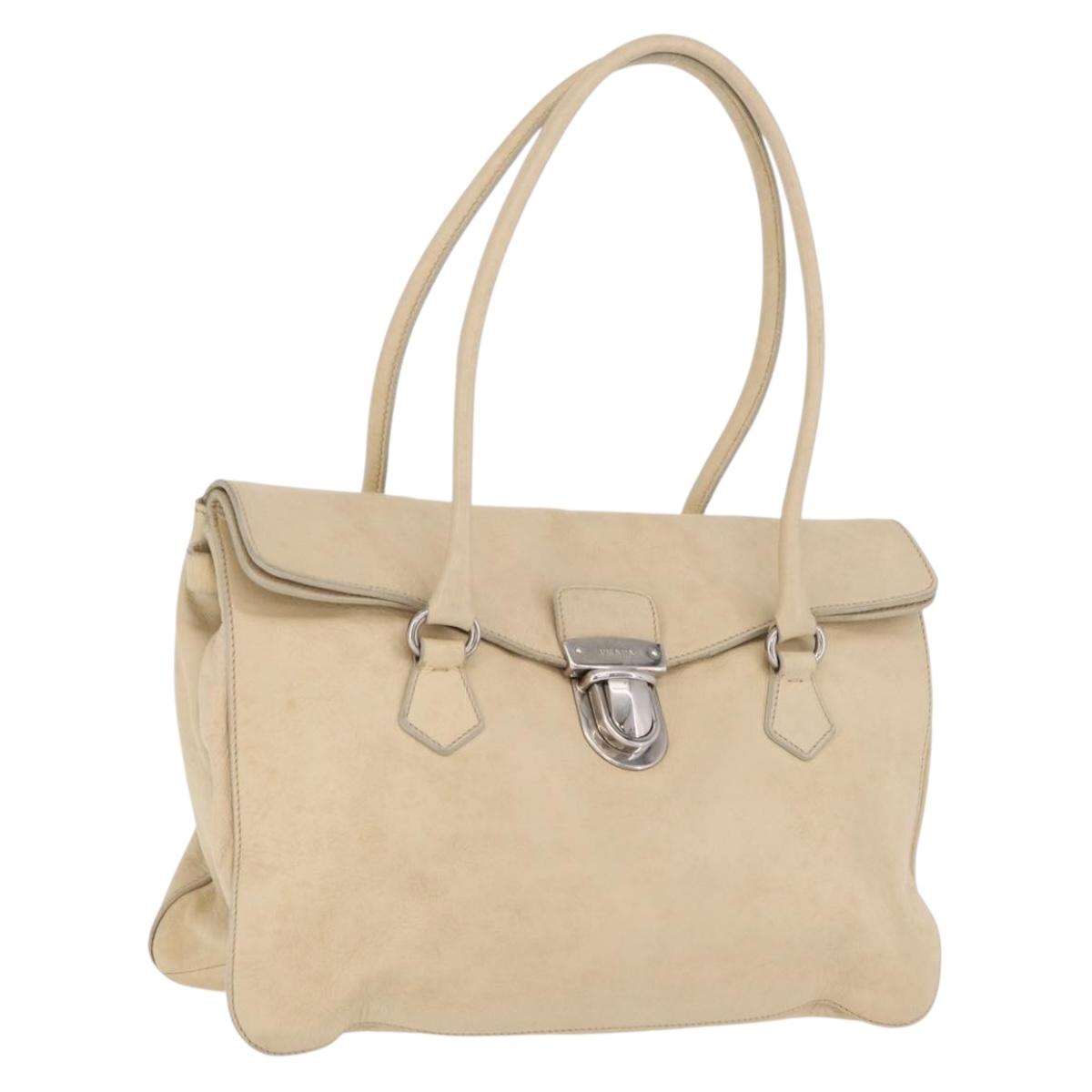 PRADA Tote Bag Leather Ivory Silver Auth am12827A