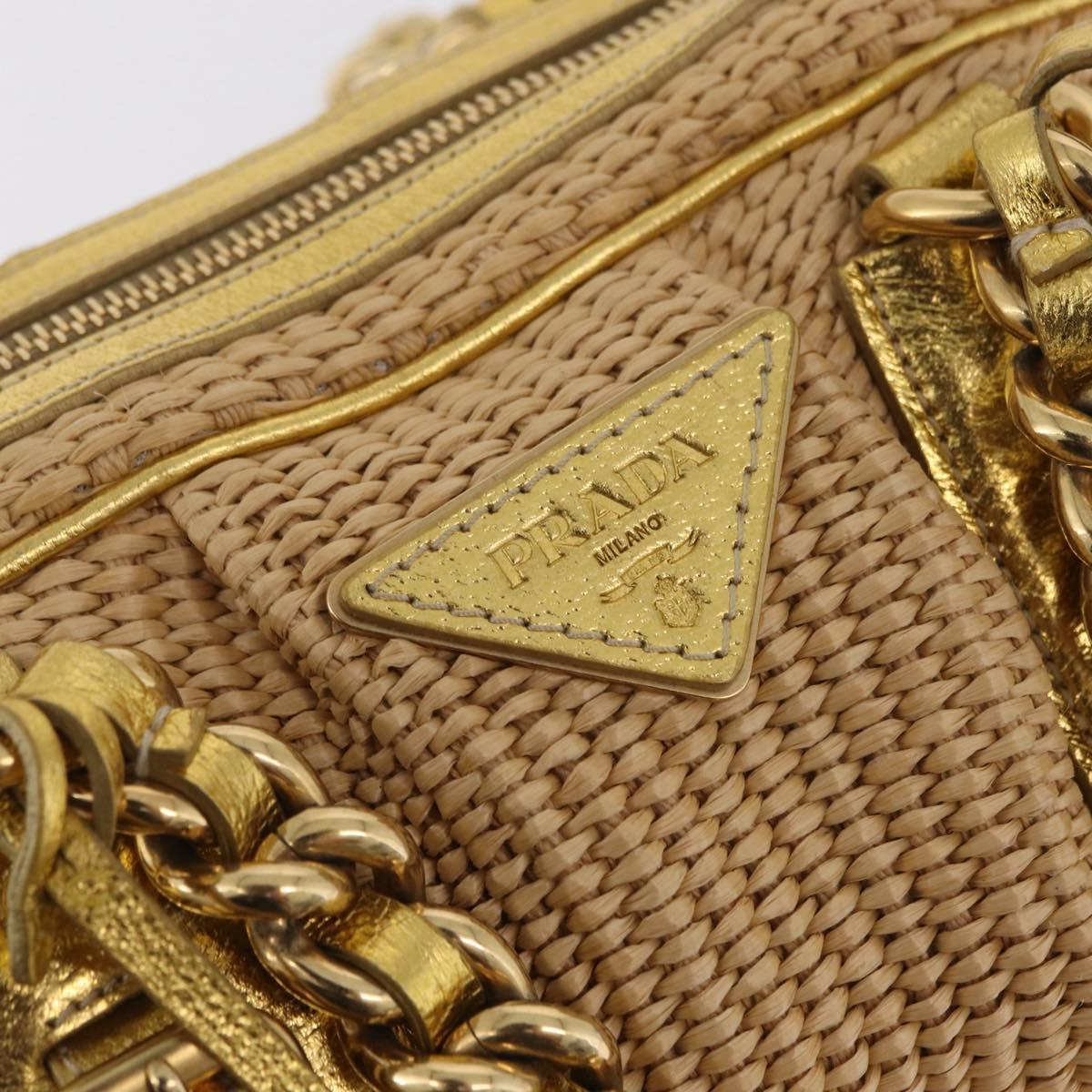 PRADA Chain Hand Bag Raffia Beige Gold Tone BL0352 Auth am12833M