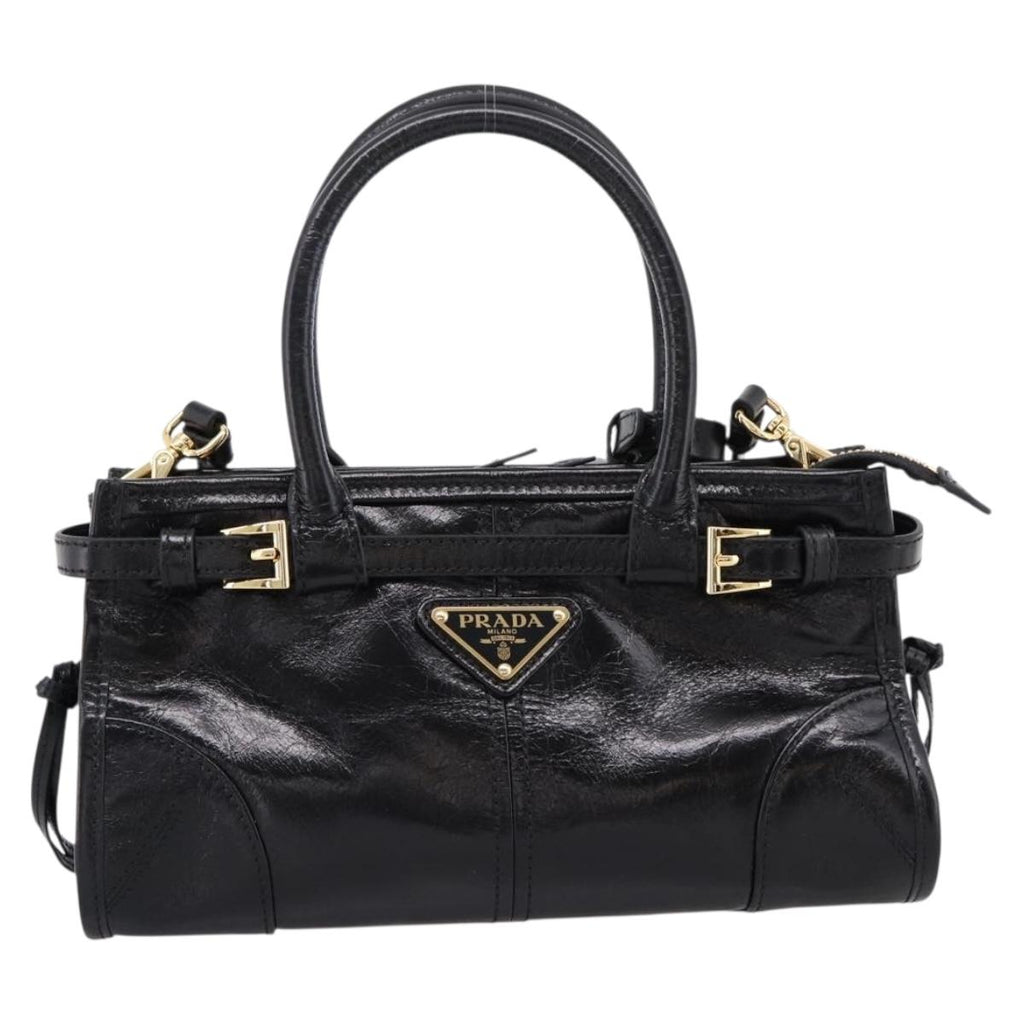 PRADA Bonnie Hand Bag Leather 2way Black Gold Auth BA15756SAM