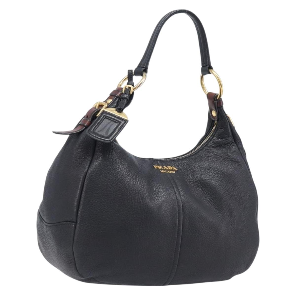 PRADA Shoulder Bag Vittero Dino Leather Black Gold Auth BA15917V