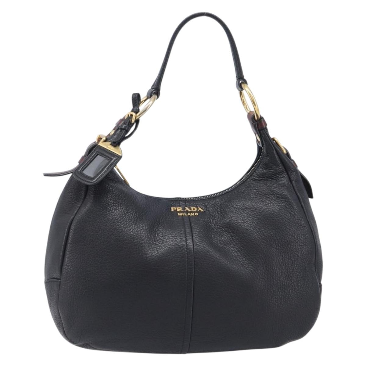 PRADA Shoulder Bag Vittero Dino Leather Black Gold Auth BA15917V
