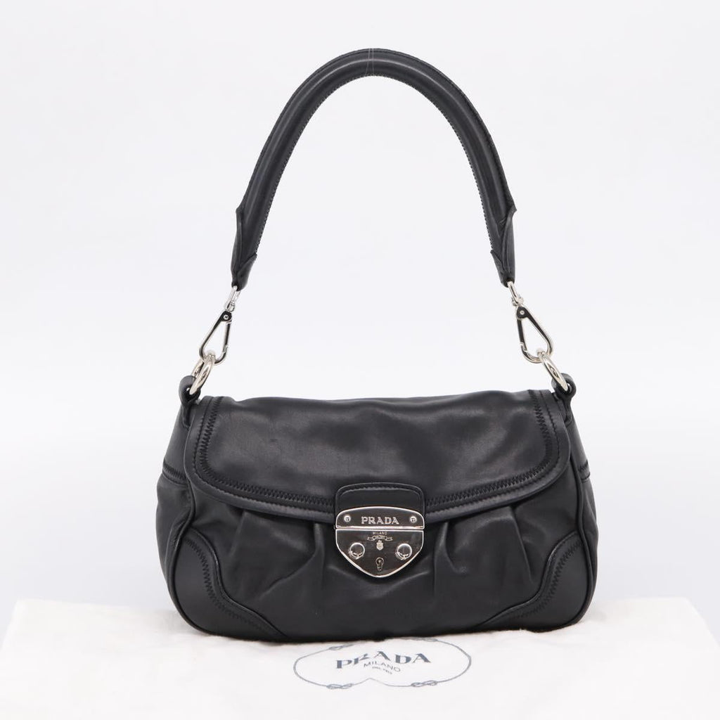 PRADA Shoulder Bag Leather Black Silver Auth BA15921M