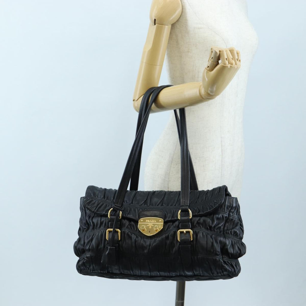 PRADA Gathered Tote Bag Leather Black Gold Auth BA16064SAV