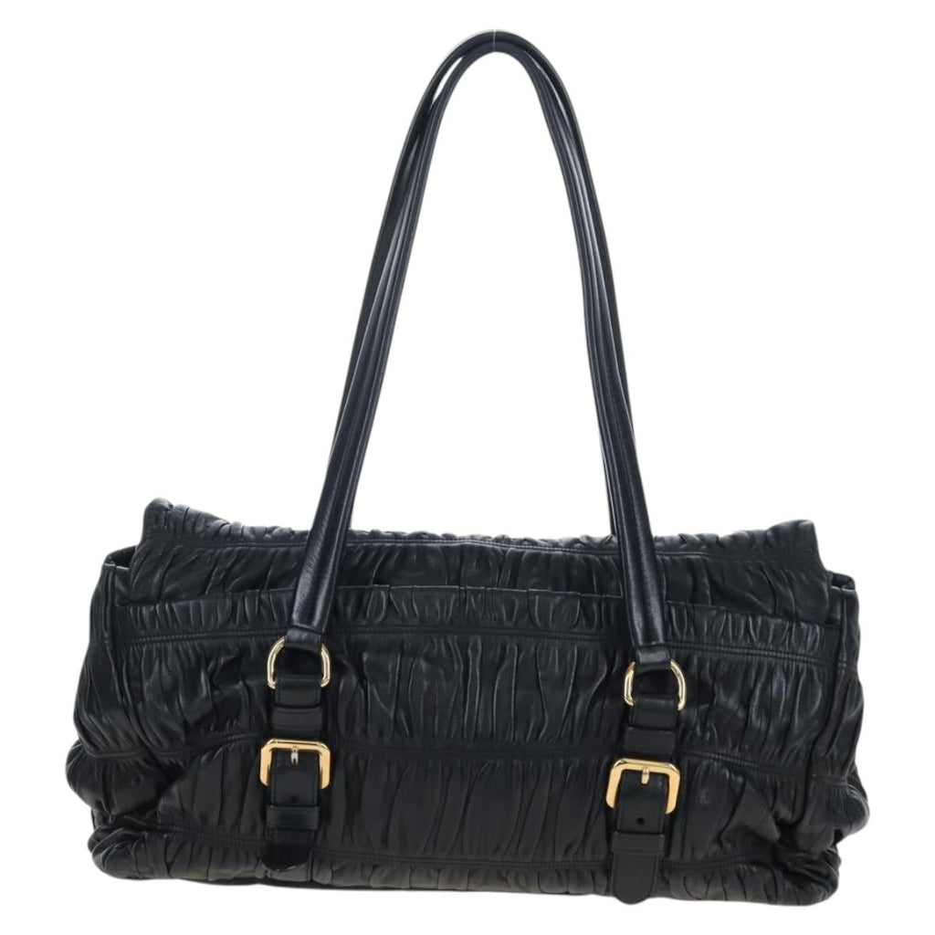 PRADA Gathered Tote Bag Leather Black Gold Auth BA16064SAV