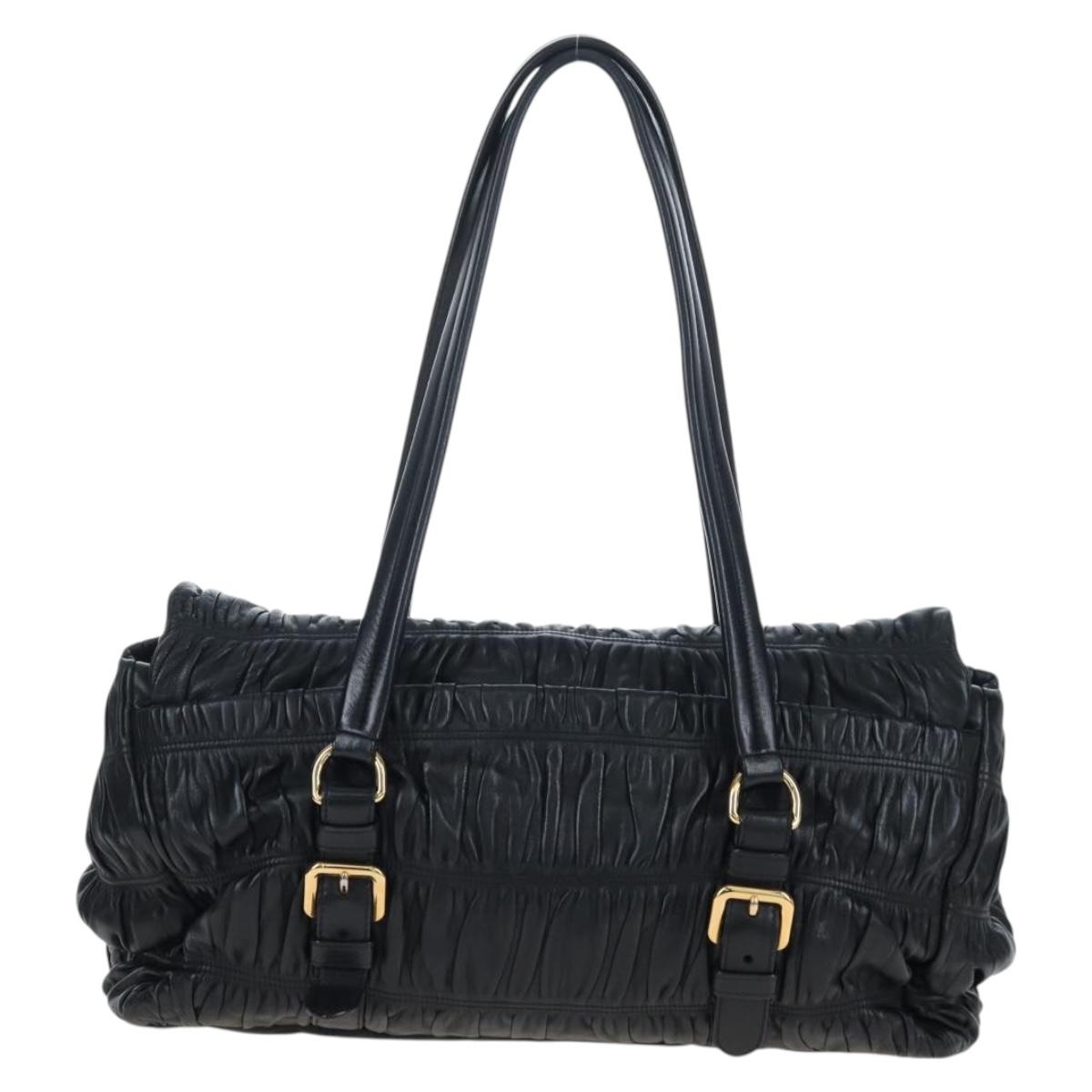 PRADA Gathered Tote Bag Leather Black Gold Auth BA16064SAV