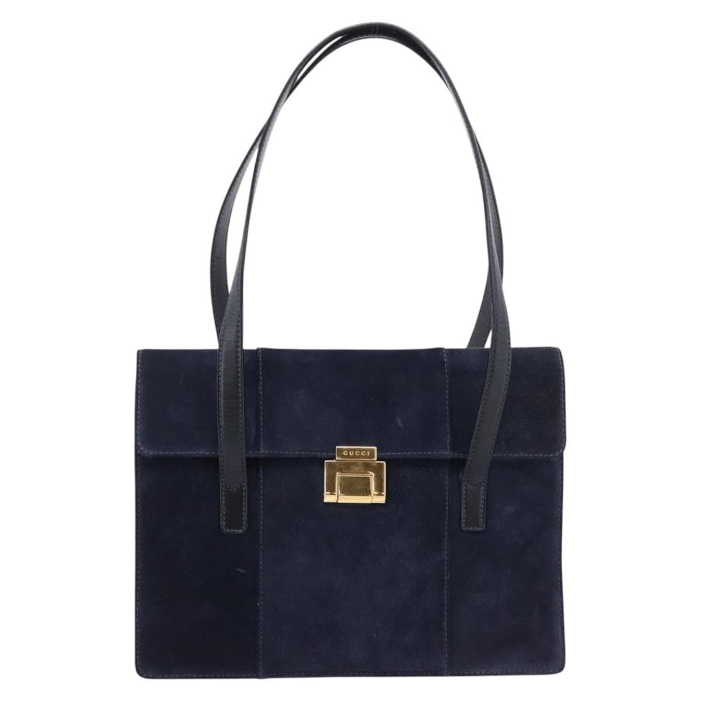 GUCCI Tote Bag Suede Navy Gold Auth BA16467