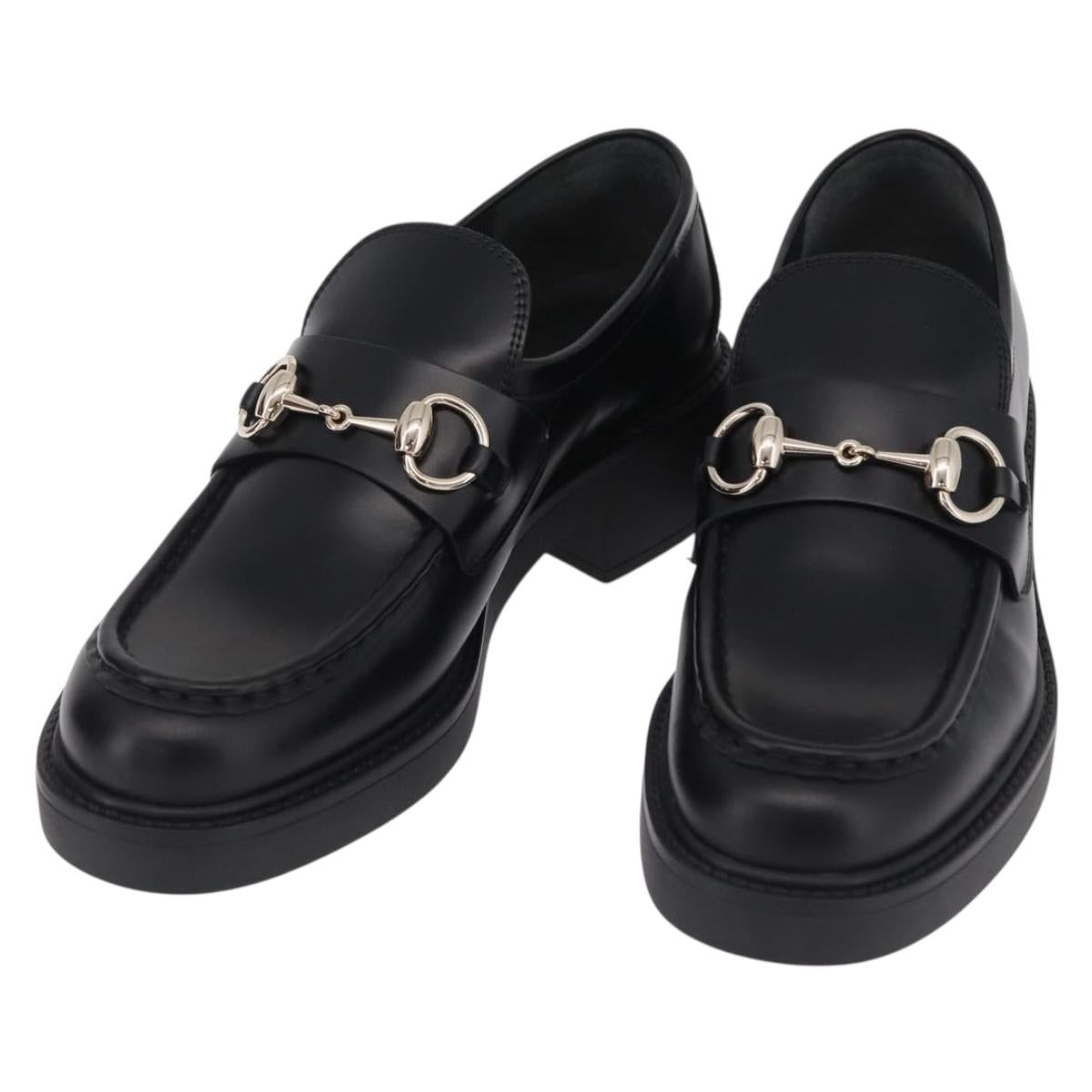 GUCCI Horsebit loafers Leather 37 1/2 Black Silver Auth BA16654M