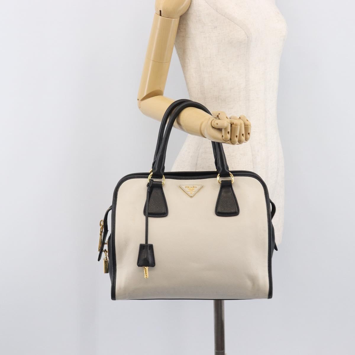 PRADA Hand Bag Safiano Leather White Gold Auth bs37455A