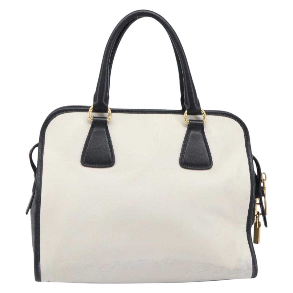 PRADA Hand Bag Safiano Leather White Gold Auth bs37455A