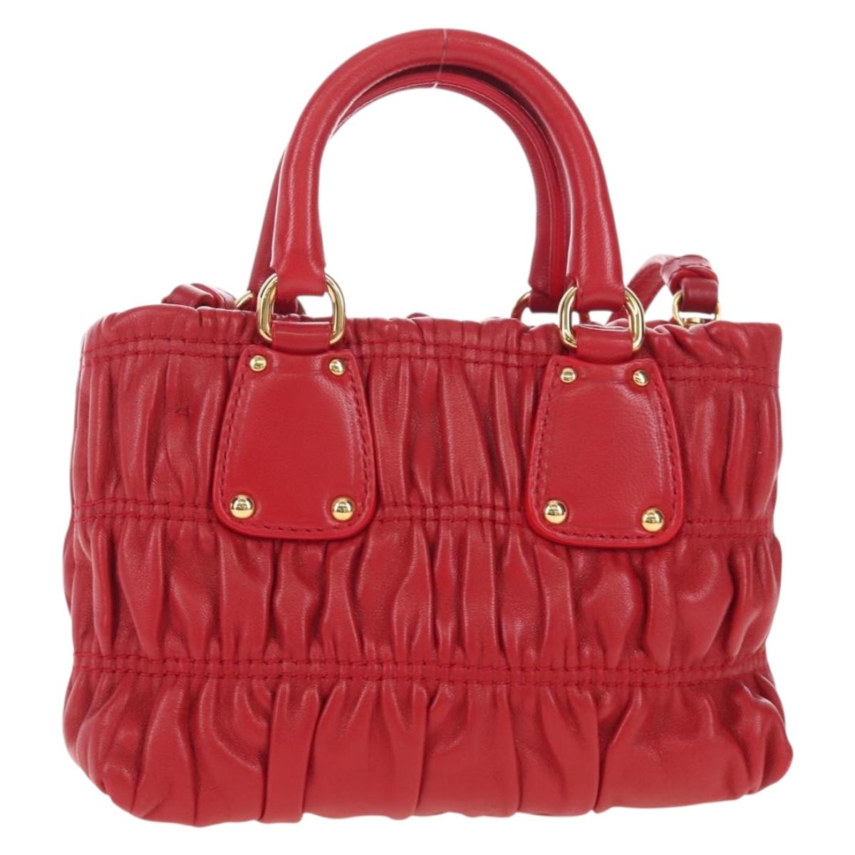 PRADA Hand Bag Leather 2way Red Gold Auth bs37504V