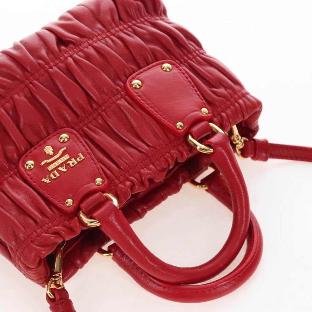 PRADA Hand Bag Leather 2way Red Gold Auth bs37504V